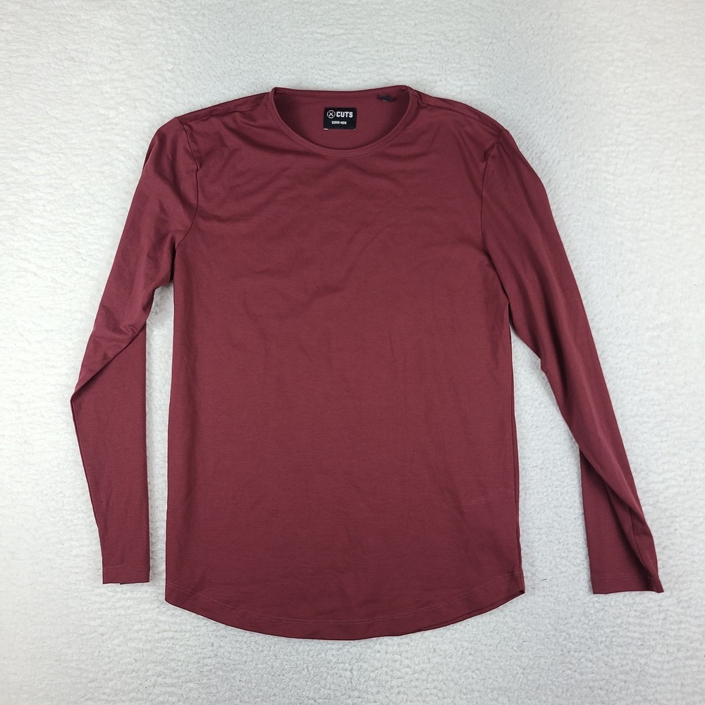 Cuts Shirt Mens Medium Burgundy Red Curve Hem Crewneck Long Sleeve T-Shirt